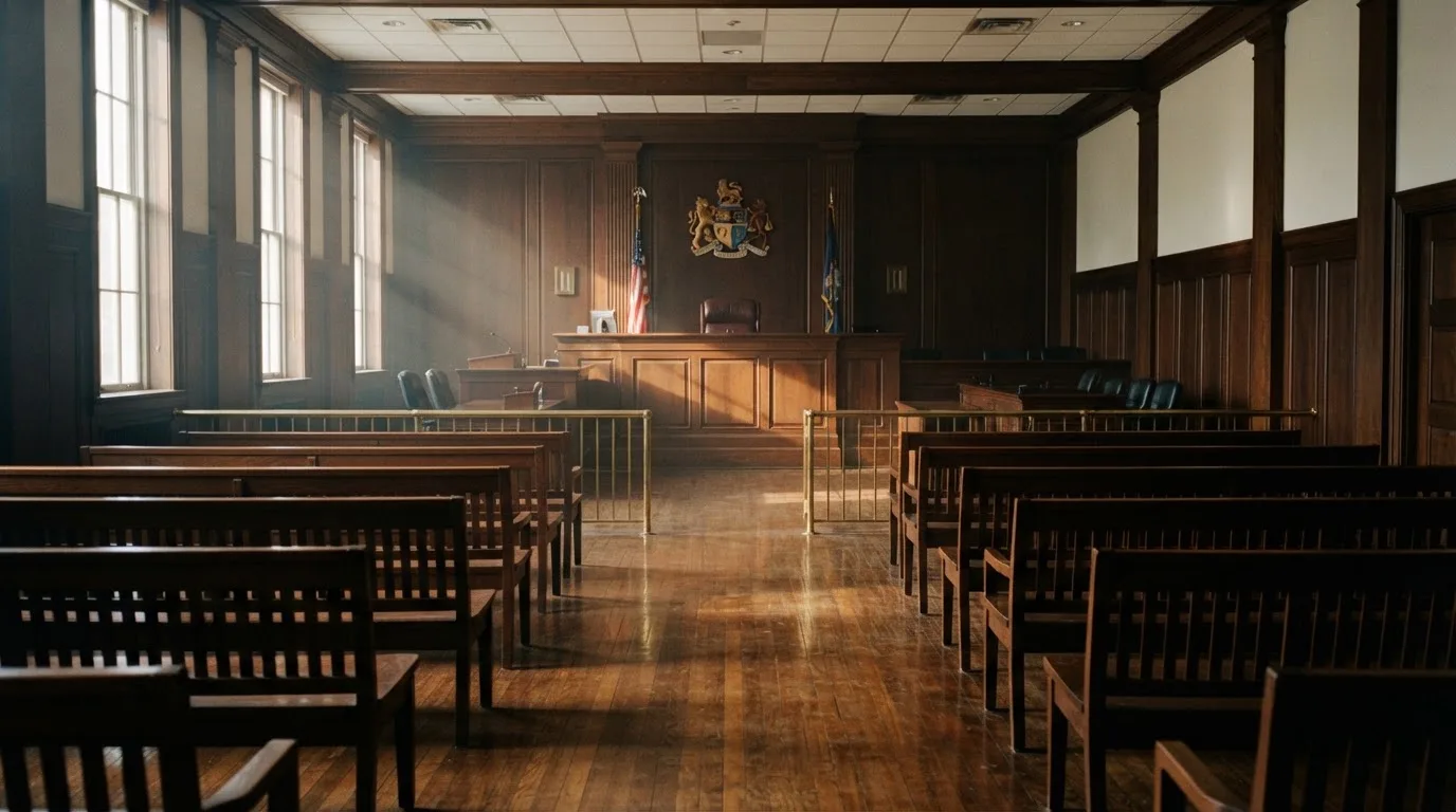 An empty courtroom with wooden benches in morning light