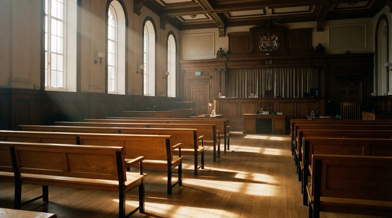 An empty courtroom with wooden benches in morning light