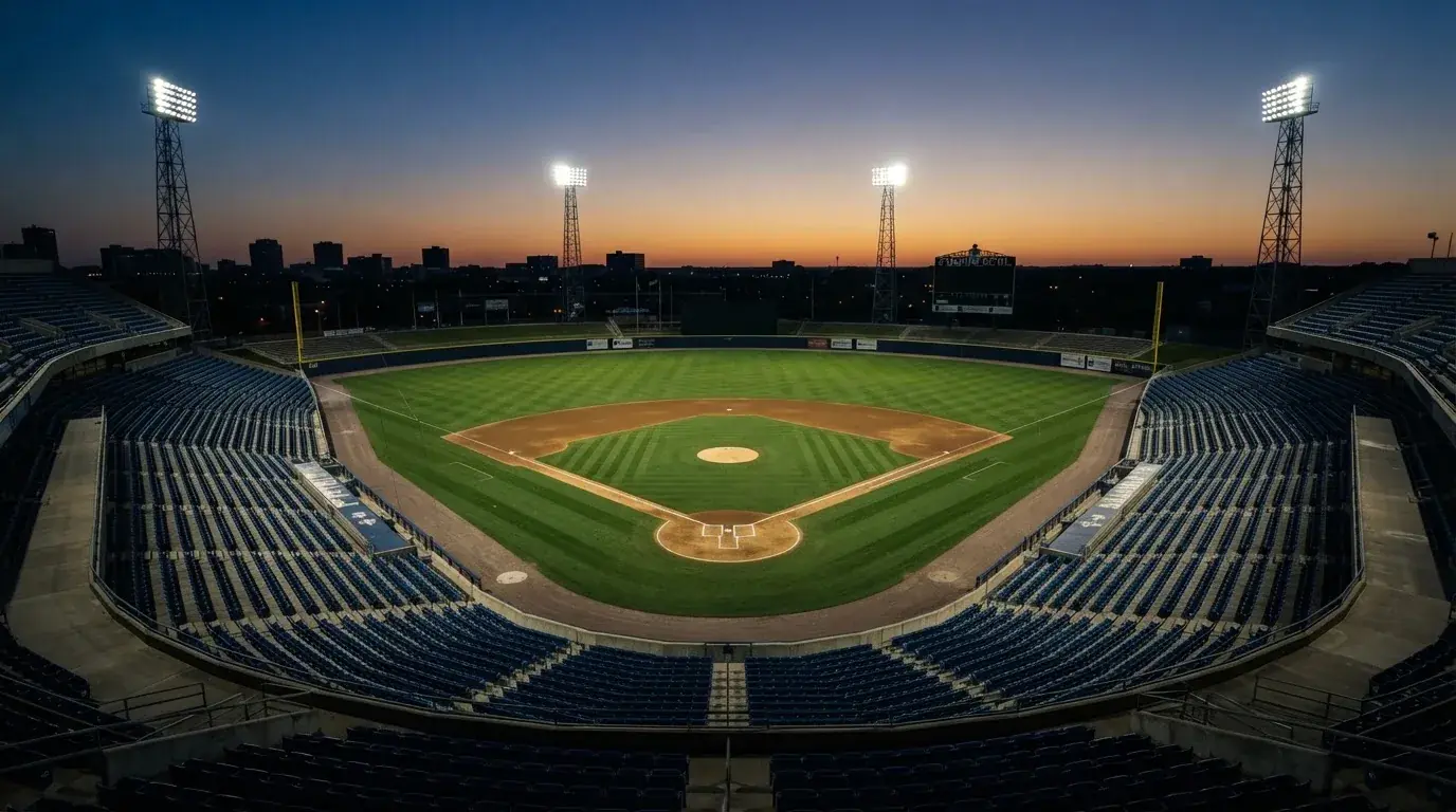 An empty football stadium with floodlight masts at dusk