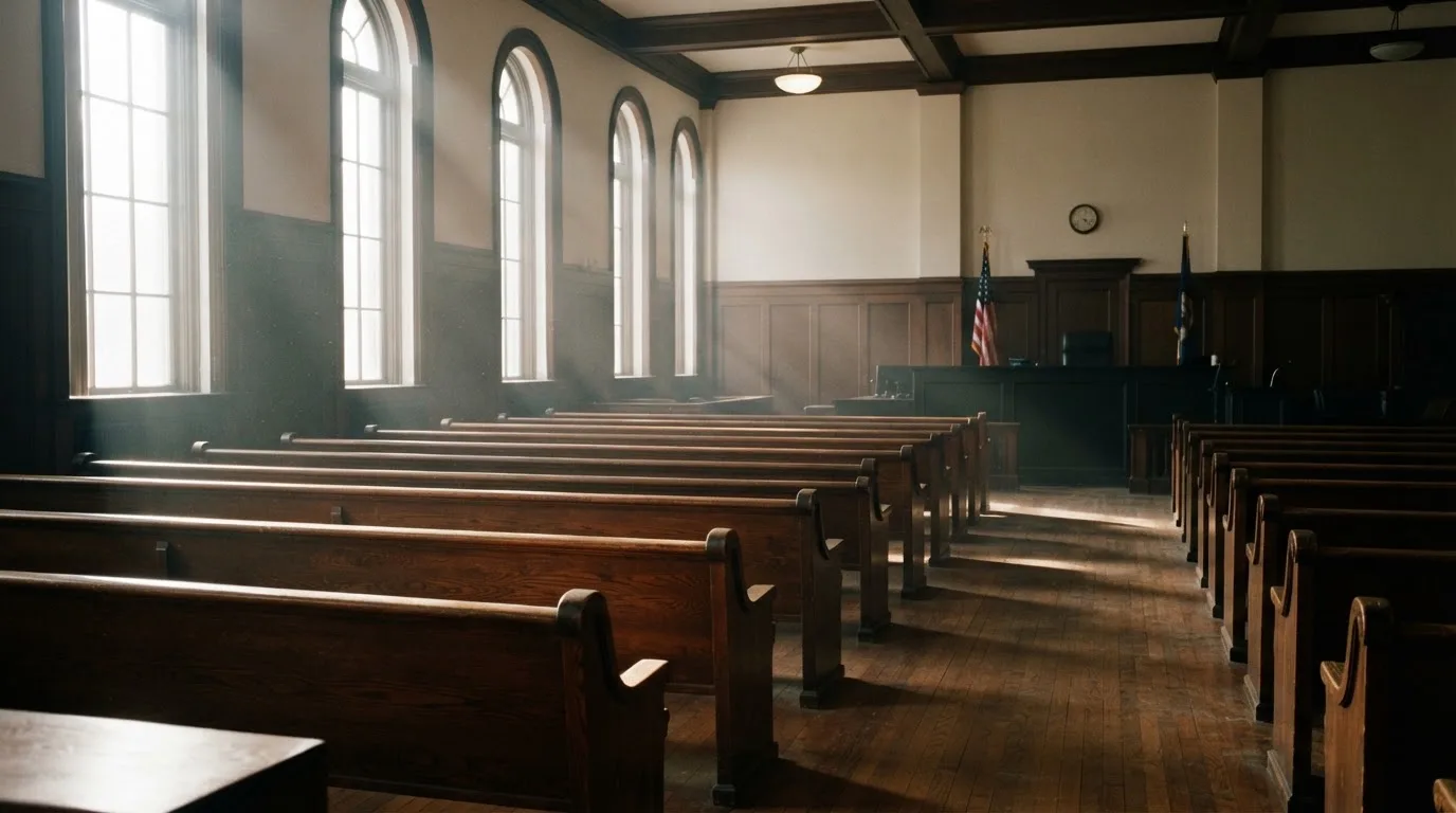 An empty courtroom with wooden benches in morning light