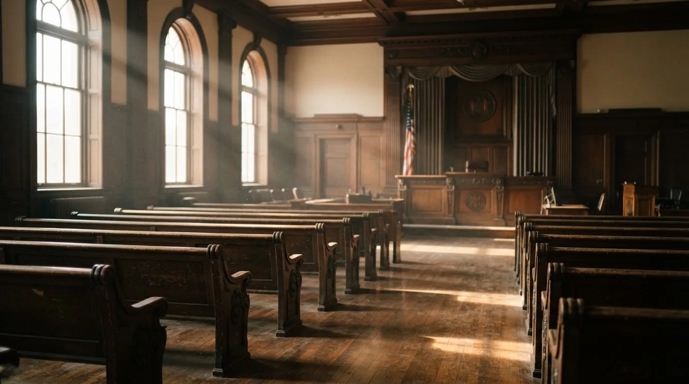 An empty courtroom with wooden benches in morning light