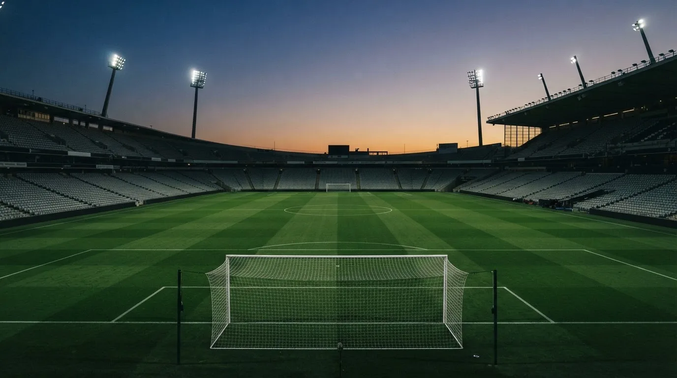 An empty football stadium with floodlight masts at dusk
