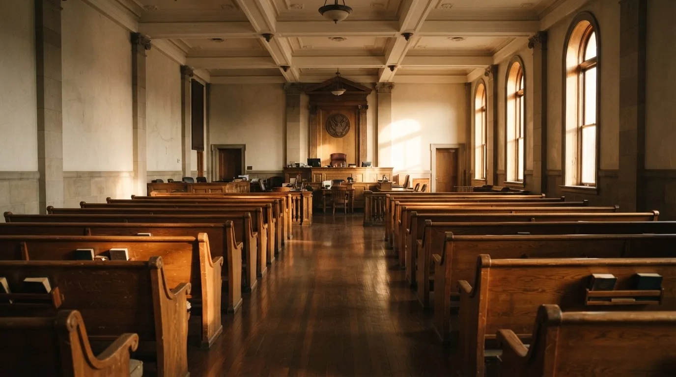 An empty courtroom with wooden benches in morning light