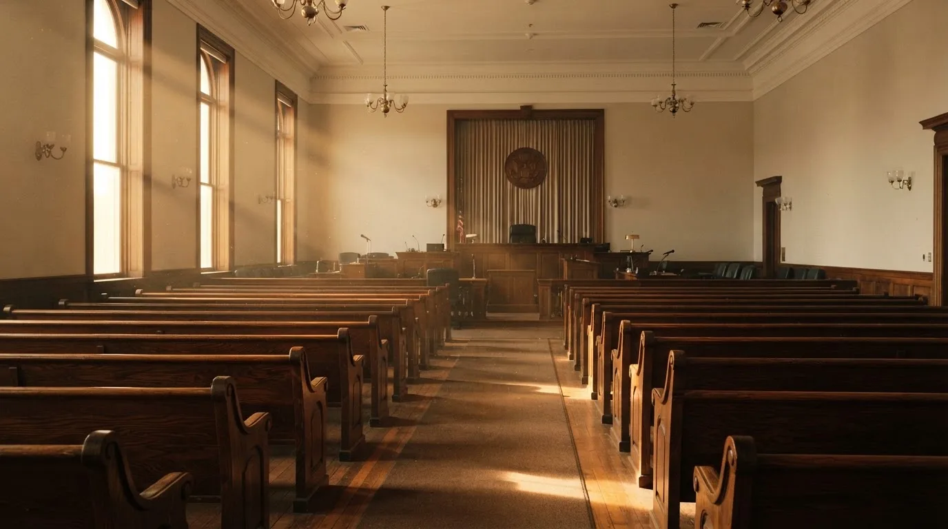 An empty courtroom with wooden benches in morning light