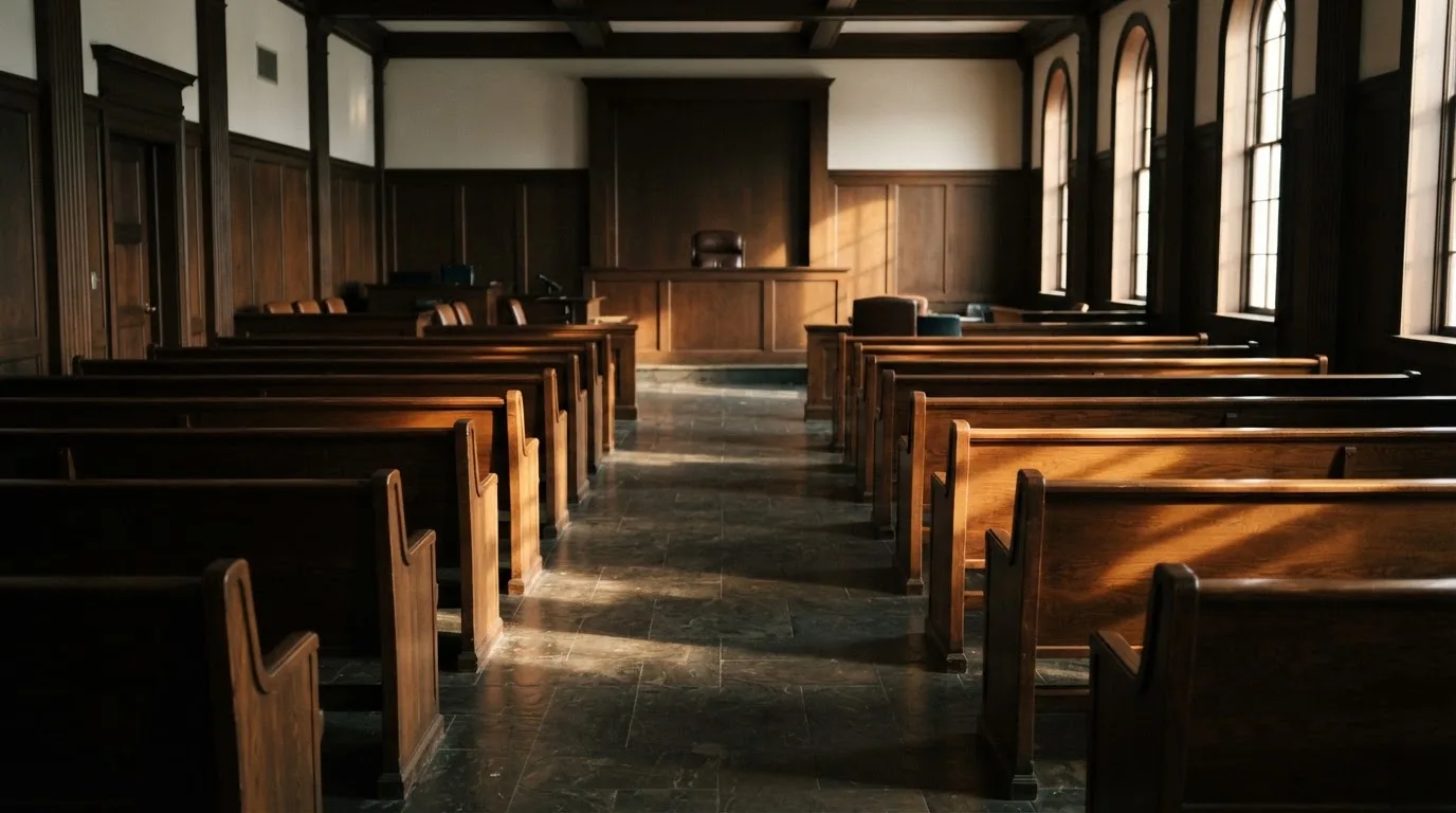 An empty courtroom with wooden benches in morning light