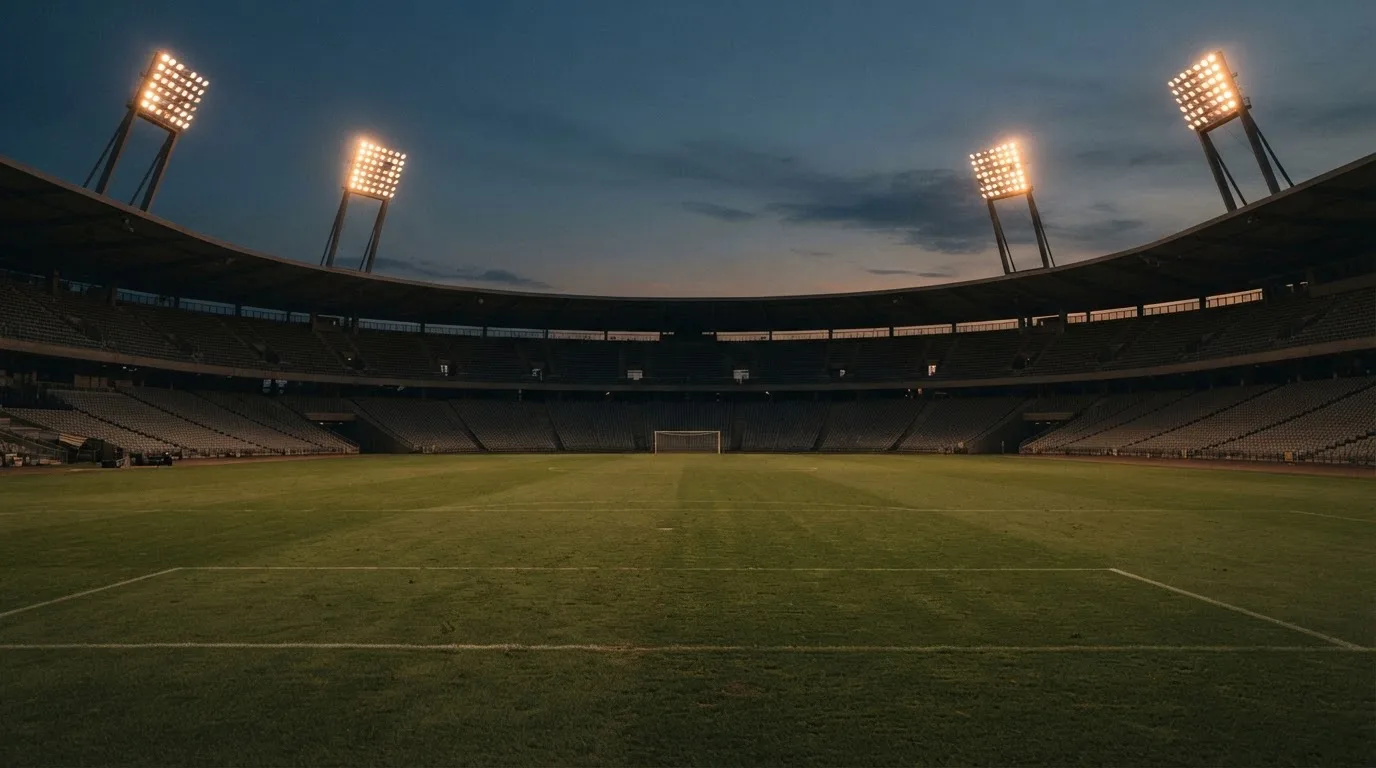 An empty football stadium with floodlight masts at dusk