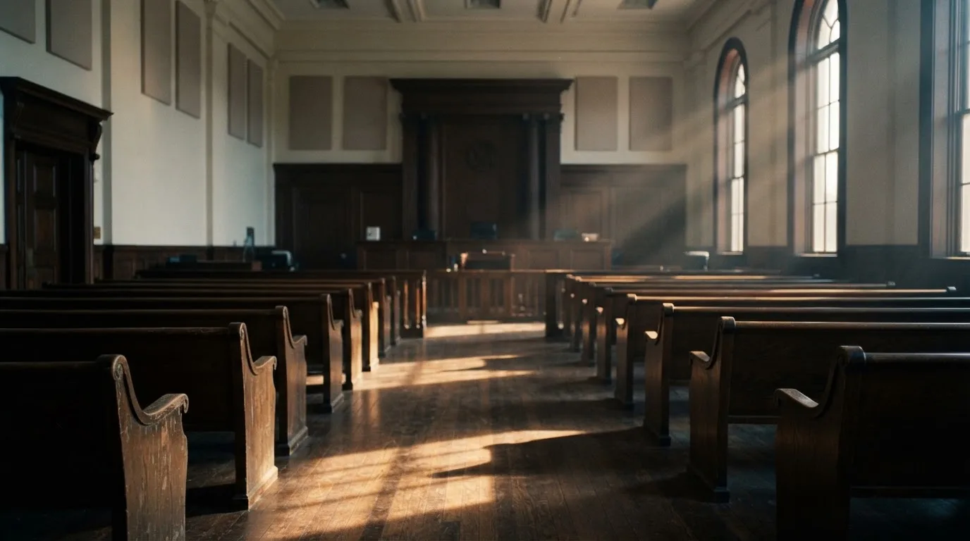 An empty courtroom with wooden benches in morning light