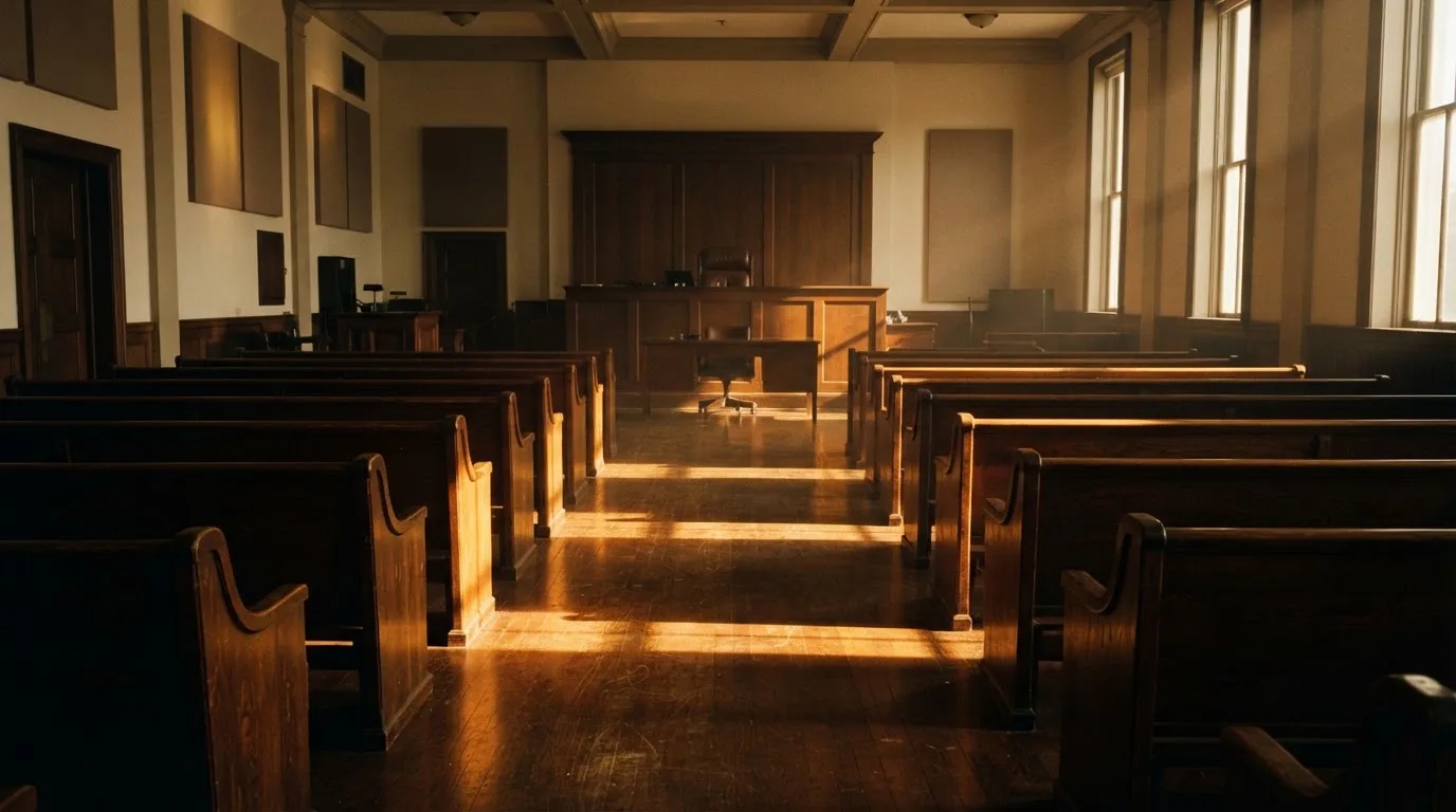 An empty courtroom with wooden benches in morning light