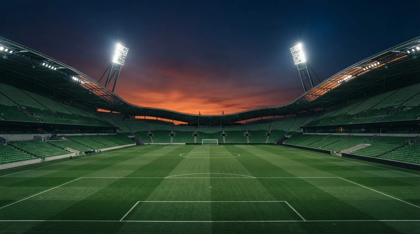 An empty football stadium with floodlight masts at dusk