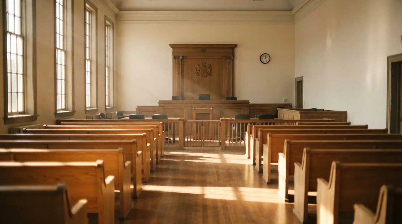 An empty courtroom with wooden benches in morning light