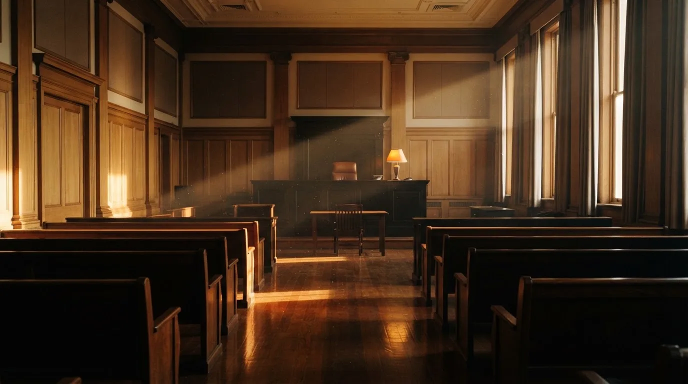An empty courtroom with wooden benches in morning light