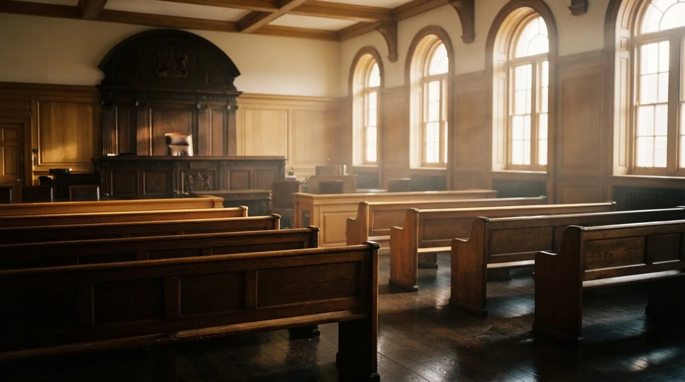 An empty courtroom with wooden benches in morning light