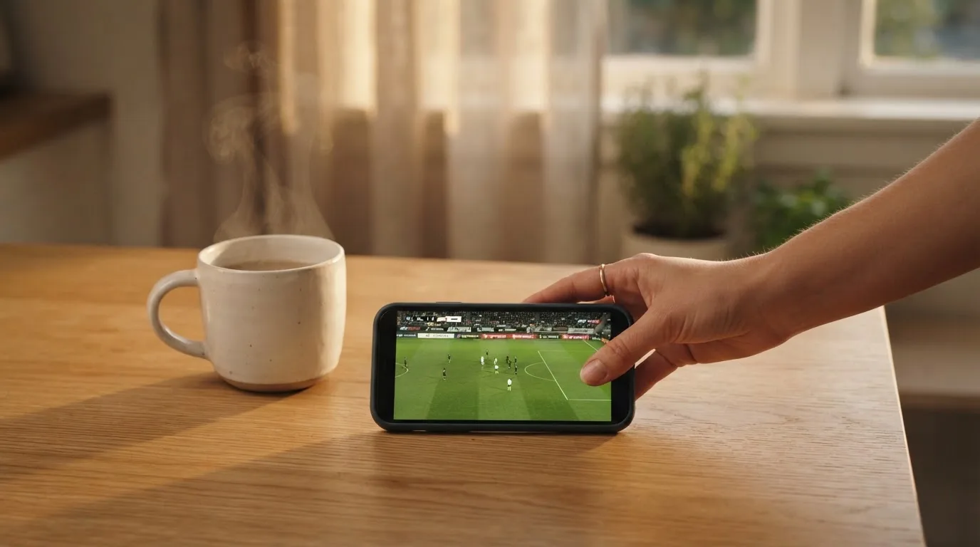 A hand setting a smartphone down beside a cup of tea on a kitchen table on a quiet evening