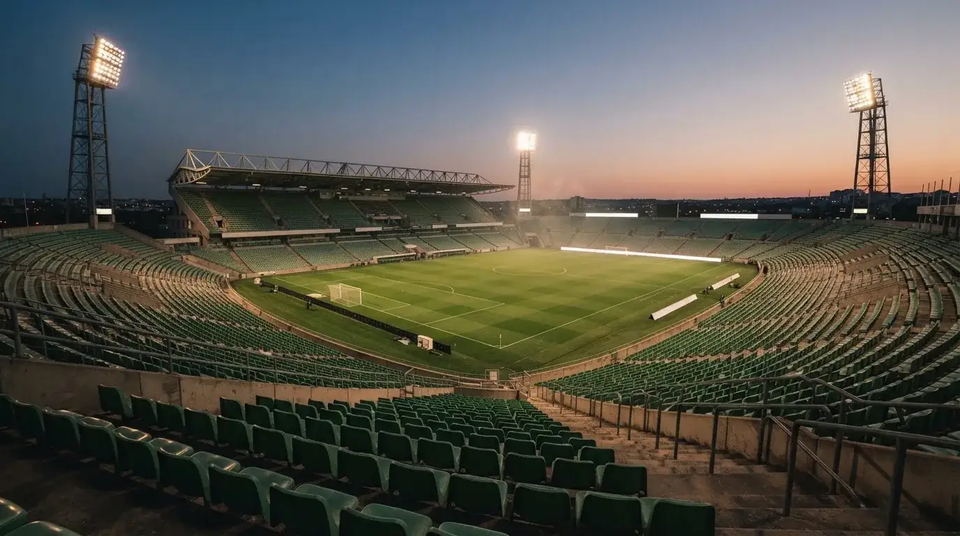 An empty football stadium with floodlight masts at dusk