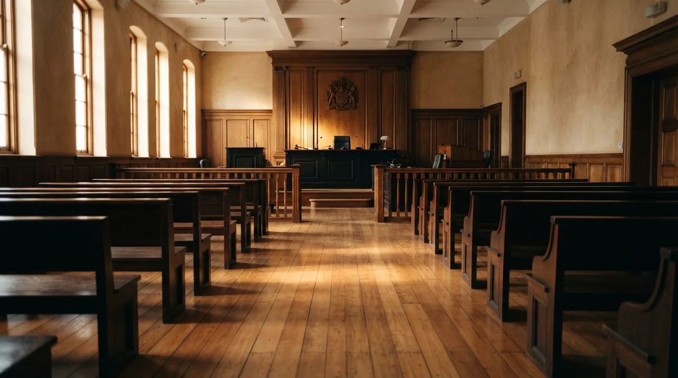 An empty courtroom with wooden benches in morning light