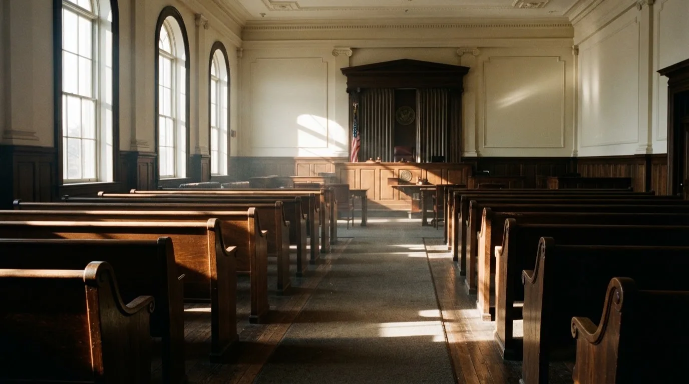 An empty courtroom with wooden benches in morning light