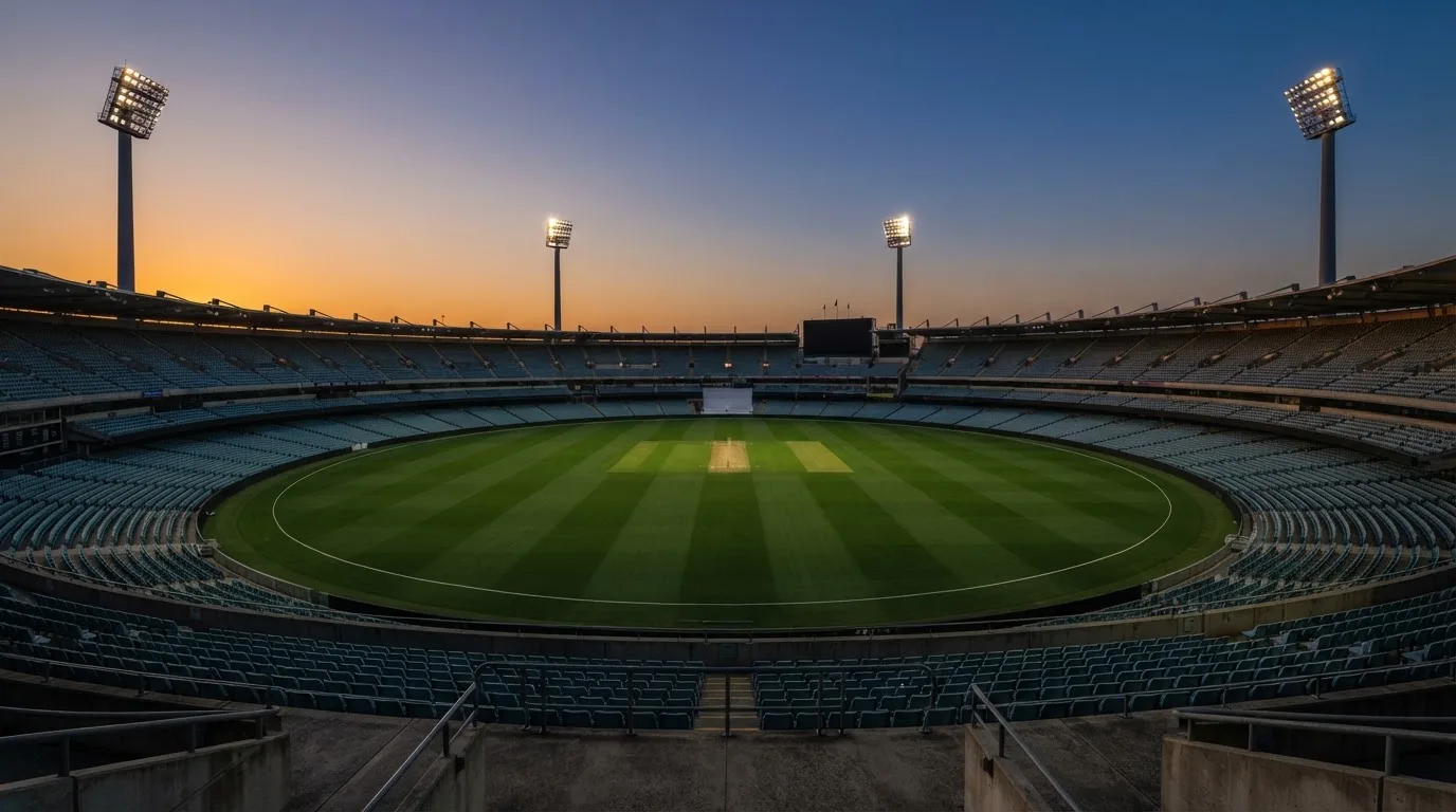An empty football stadium with floodlight masts at dusk