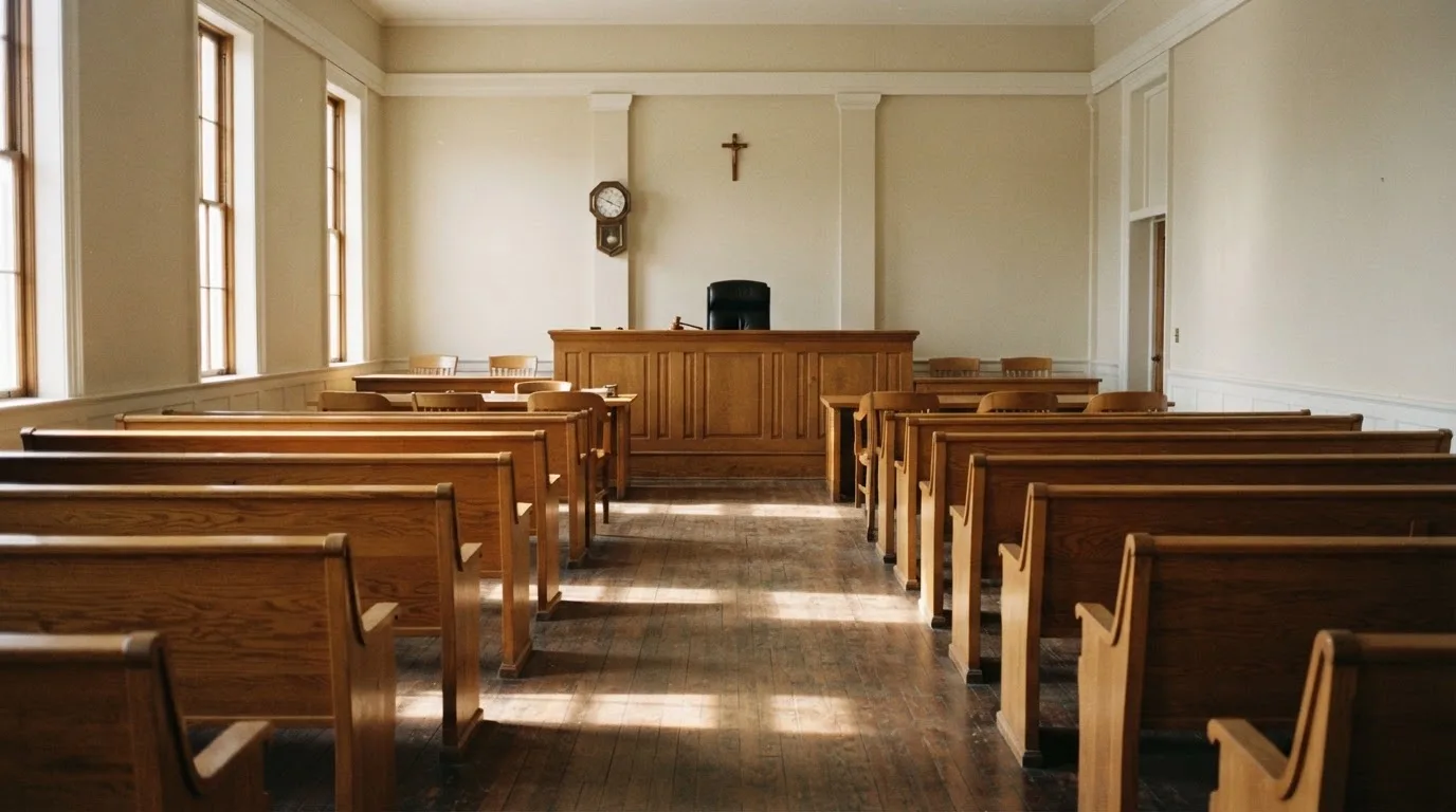 An empty courtroom with wooden benches in morning light