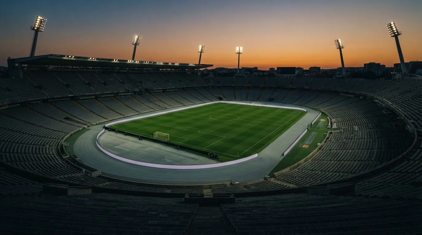 An empty football stadium with floodlight masts at dusk