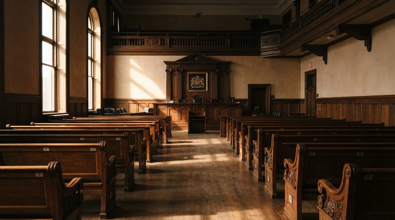 An empty courtroom with wooden benches in morning light