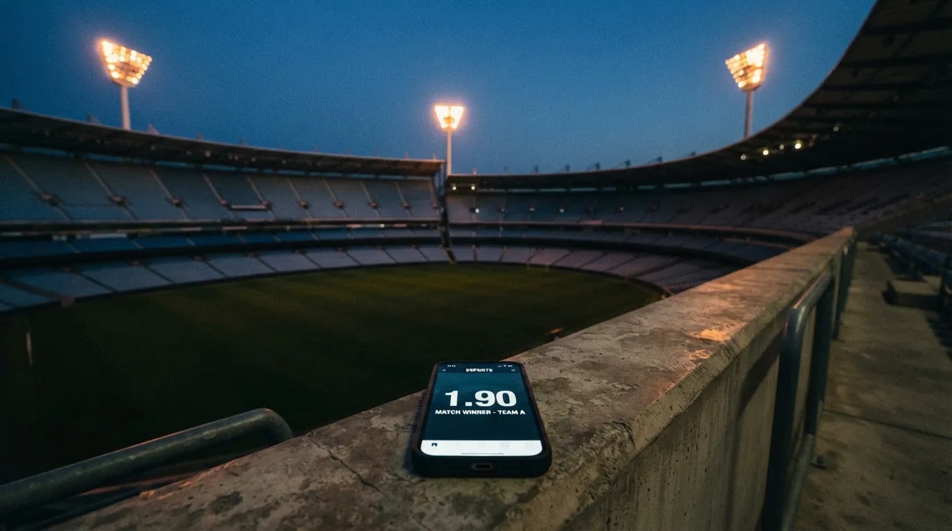 An empty football stadium with floodlight masts at dusk