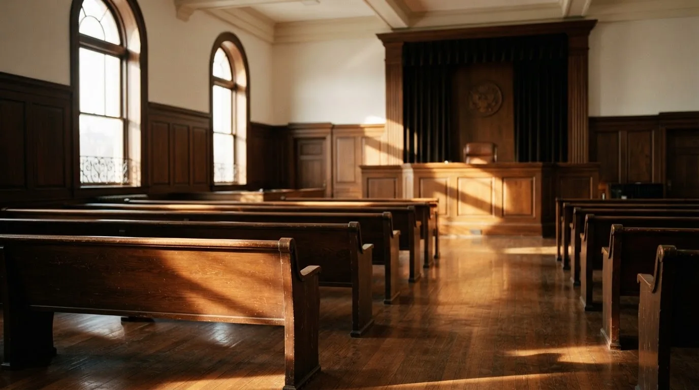 An empty courtroom with wooden benches in morning light