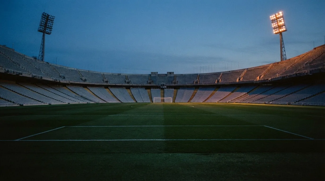 An empty football stadium with floodlight masts at dusk