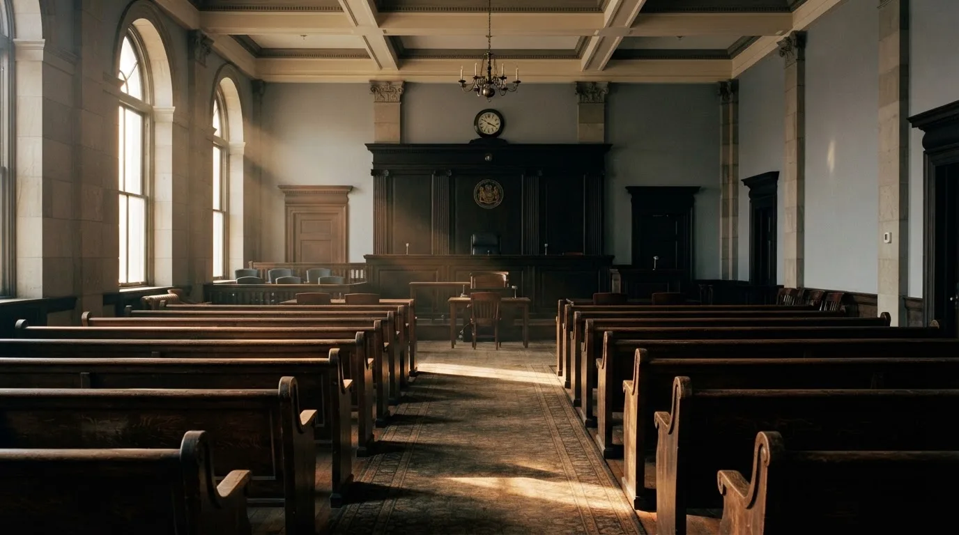 An empty courtroom with wooden benches in morning light
