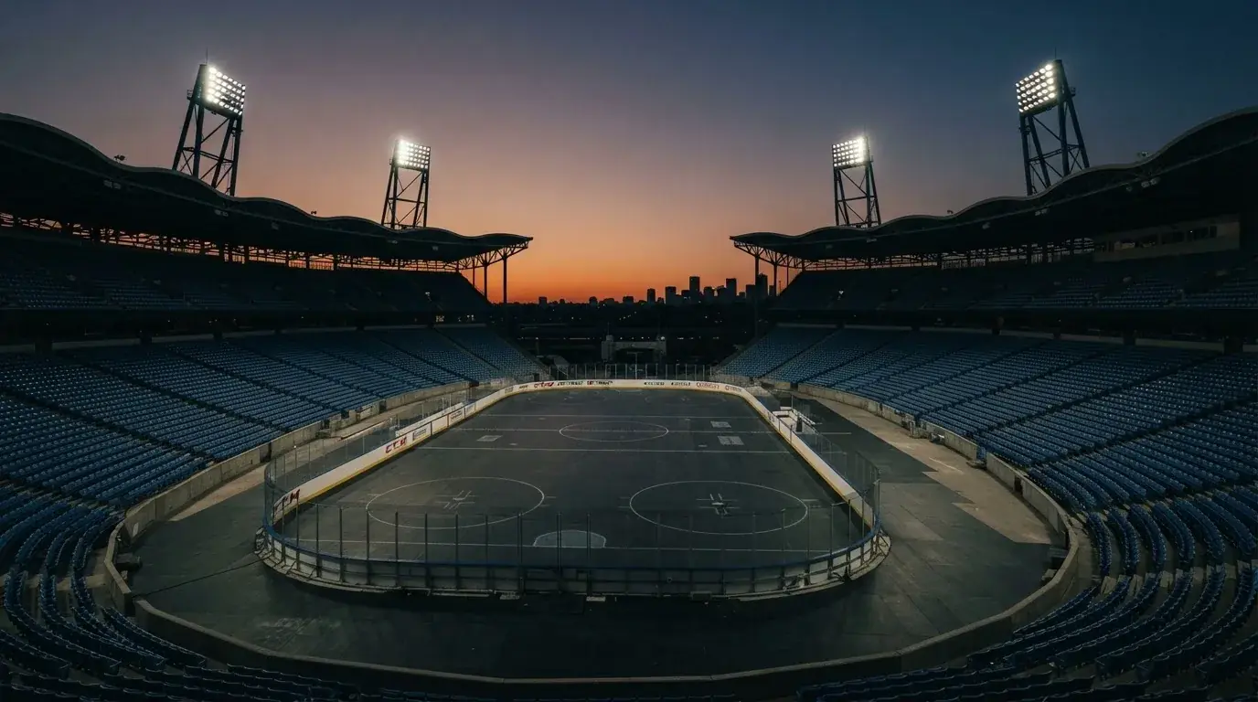 An empty football stadium with floodlight masts at dusk