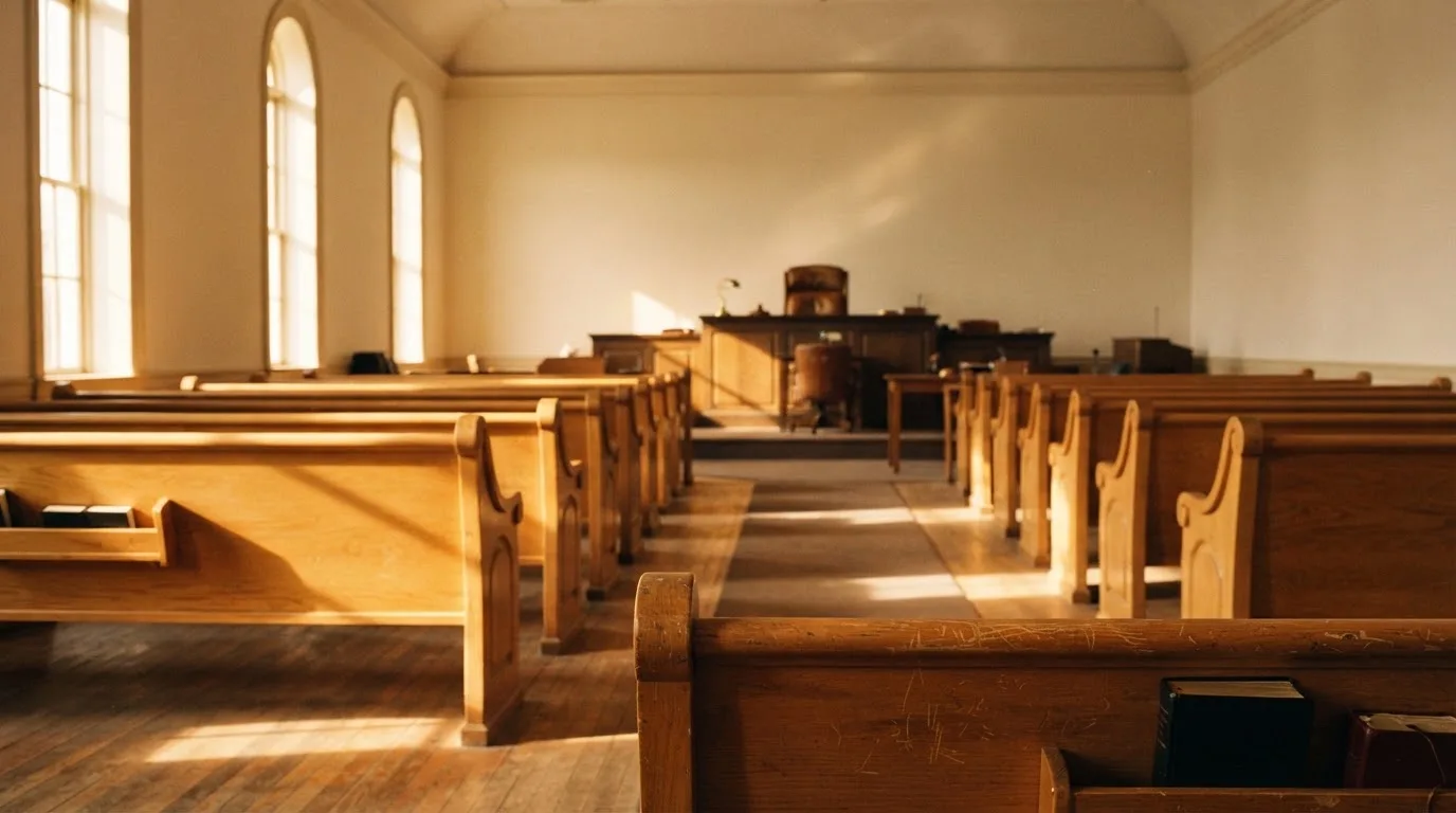 An empty courtroom with wooden benches in morning light