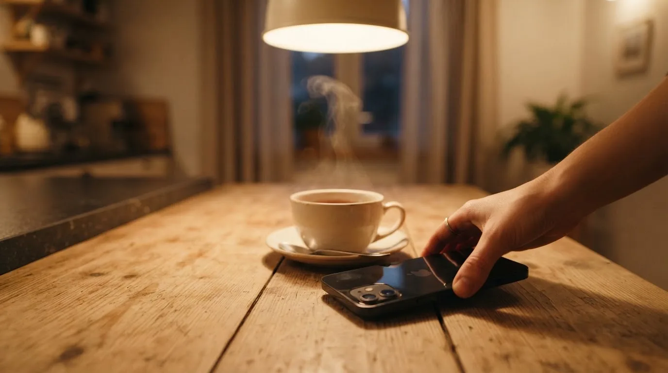 A hand setting a smartphone down beside a cup of tea on a kitchen table on a quiet evening