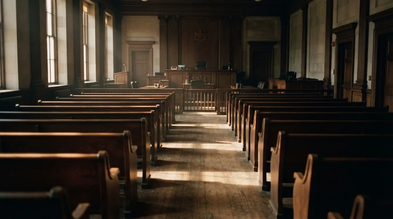 An empty courtroom with wooden benches in morning light