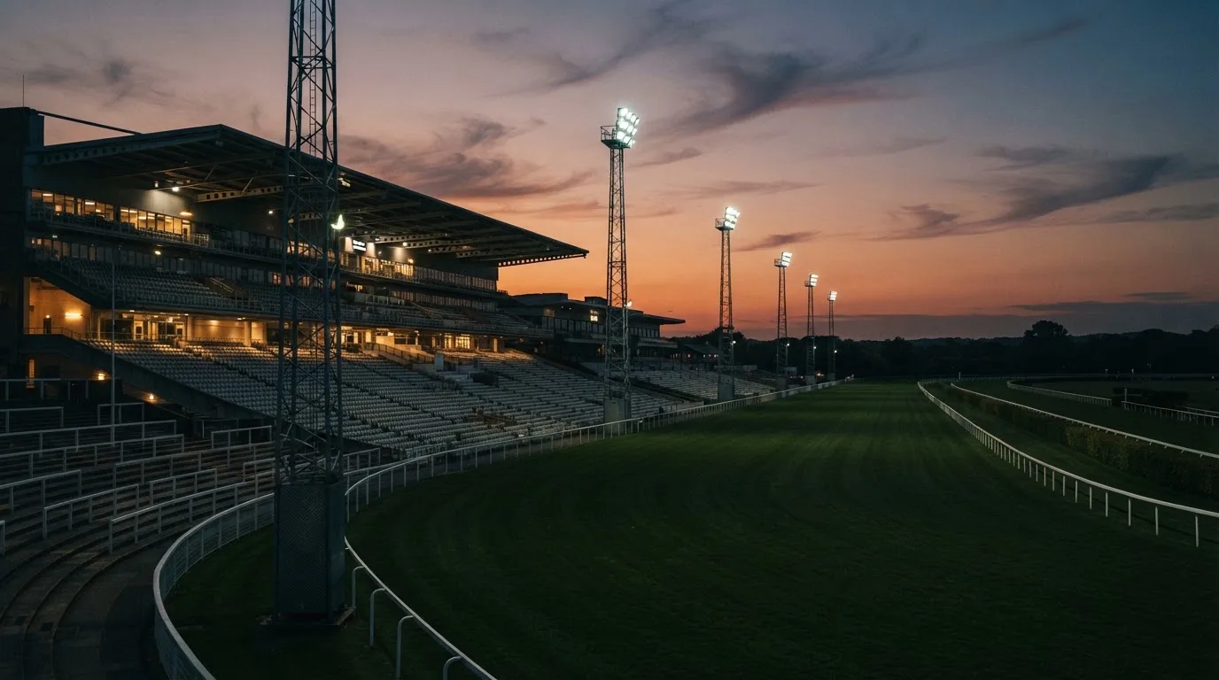 An empty football stadium with floodlight masts at dusk