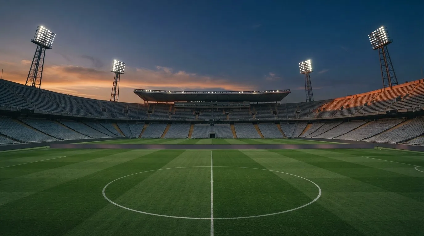 An empty football stadium with floodlight masts at dusk