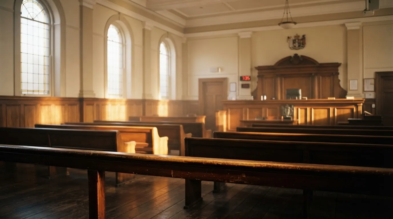 An empty courtroom with wooden benches in morning light