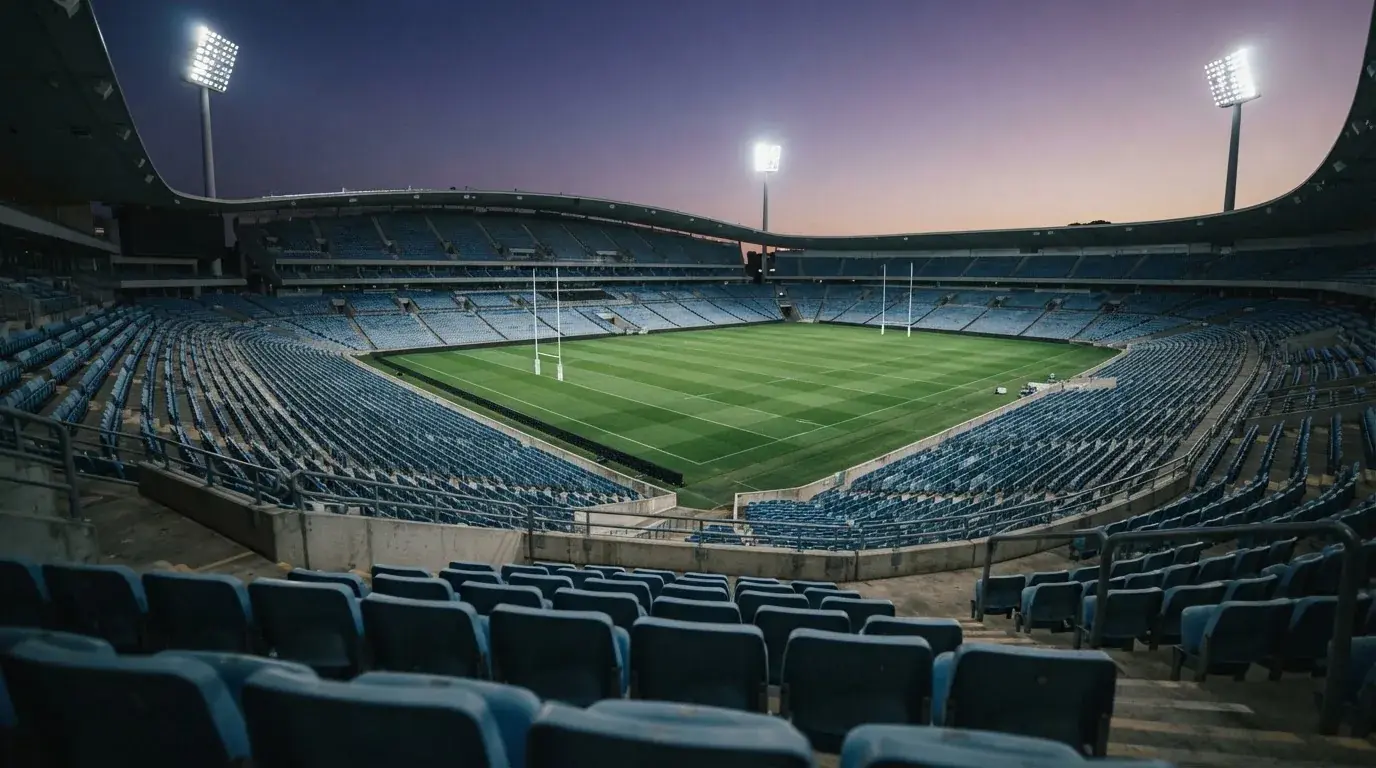 An empty football stadium with floodlight masts at dusk
