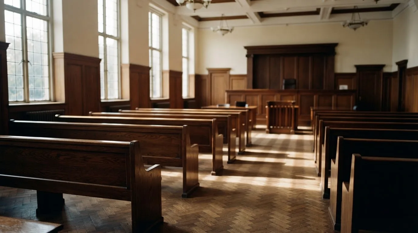 An empty courtroom with wooden benches in morning light