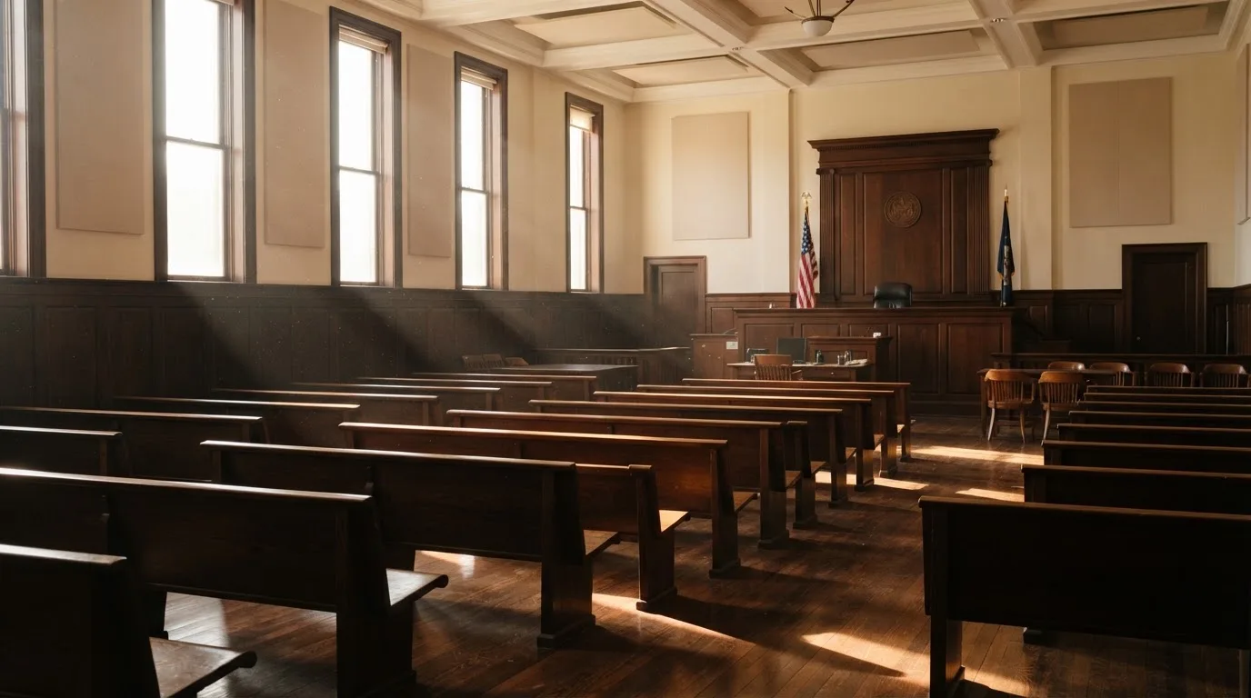 An empty courtroom with wooden benches in morning light