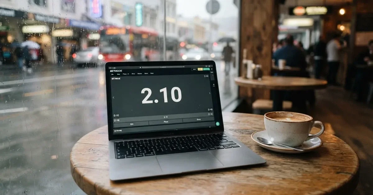A laptop on a café table by a window onto the street