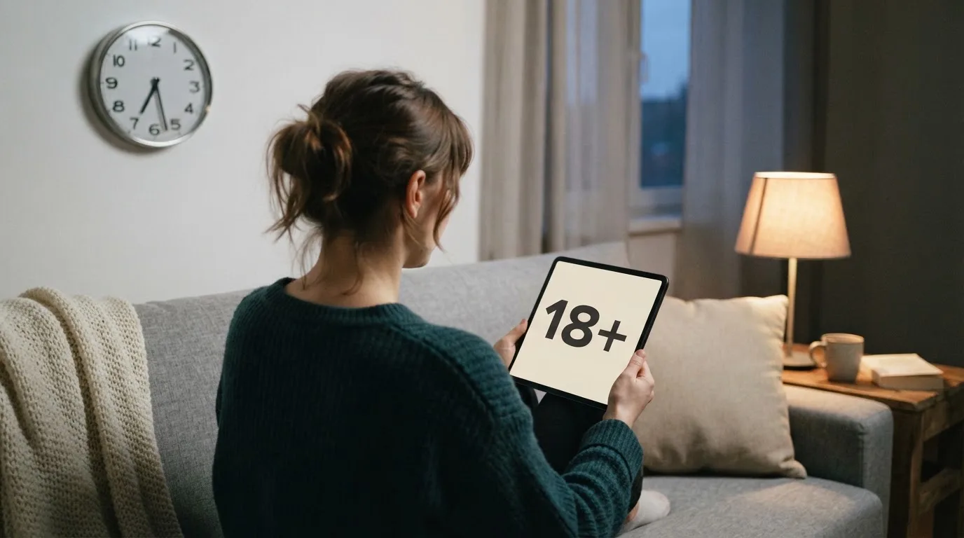 A person on a sofa looking thoughtfully at a tablet, a wall clock in the background