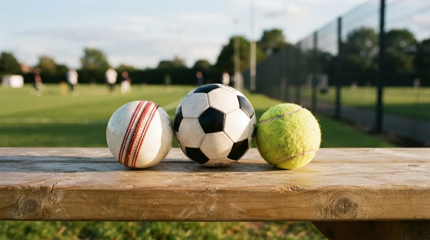 Three balls of different kinds side by side on a wooden bench