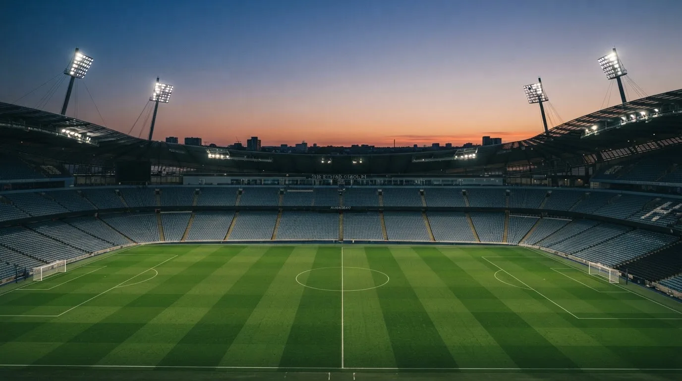 An empty football stadium with floodlight masts at dusk