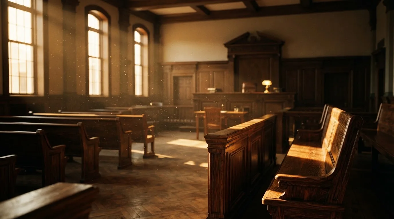 An empty courtroom with wooden benches in morning light