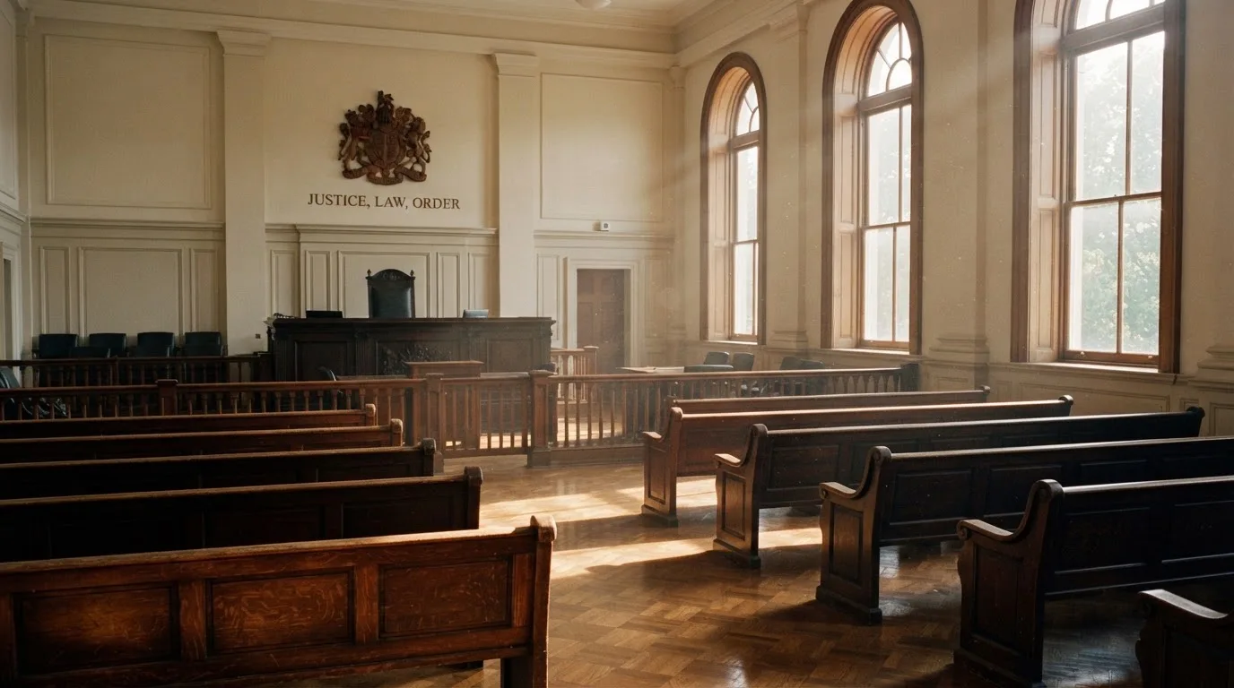 An empty courtroom with wooden benches in morning light